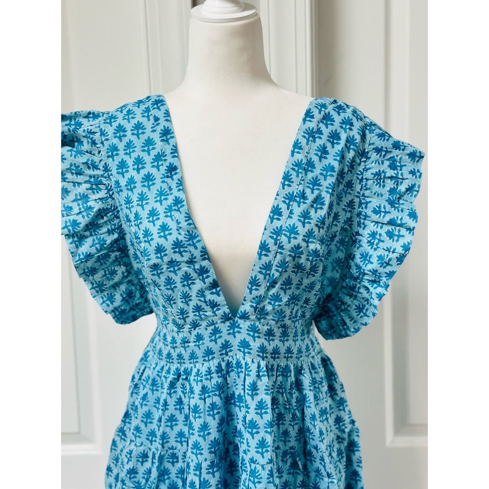 Blue Printed V-Neck Flutter Sleeve Mini Dress - Picture 5 of 11
